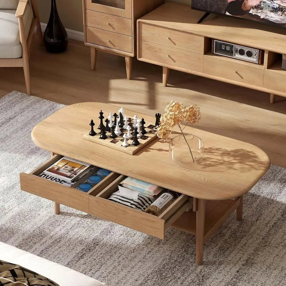 100% Solid Wood Coffee Table or Living Room, 2-Tier Living Room Table with 2 Drawers and Shelf Storage,