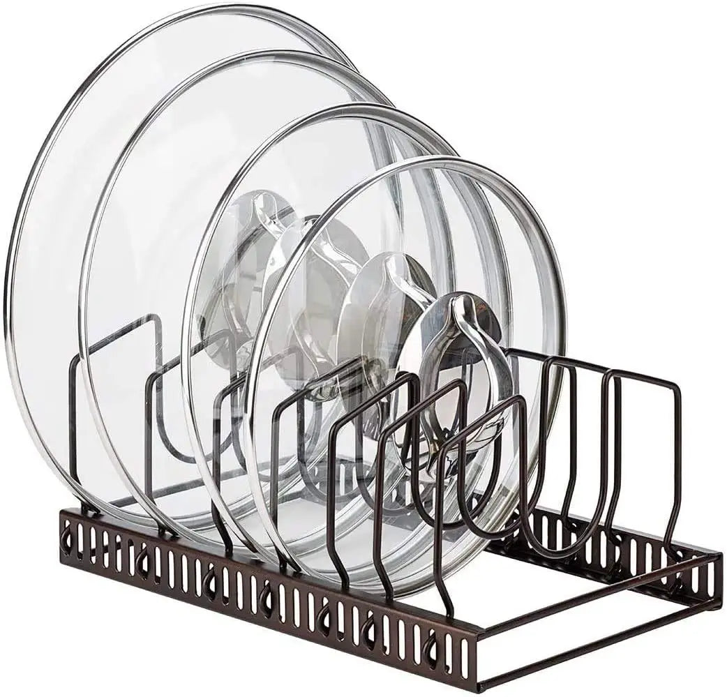 Pot Lids Organizer Rack for Cabinet and Countertop, 7+ Pan Lids and Bakeware Organizer Rack Holder with 7 Compartments
