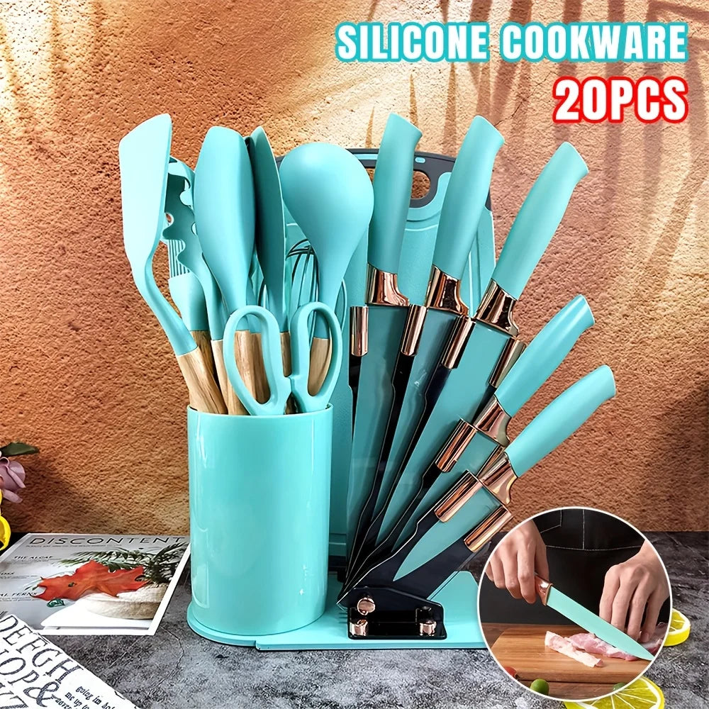 ZENG 20pcs Silicone Utensil Set Non-Stick Heat-Resistant Cooking Kitchenware Chef Knife Easy-Clean Safe for Non-Stick Cookware