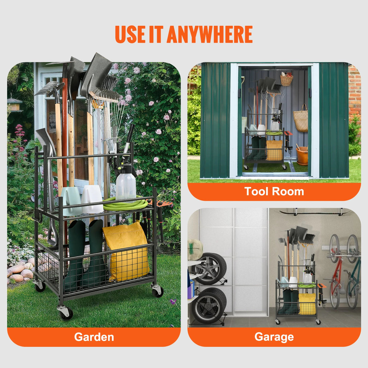16 Slots Garden Tool Organizer Yard Tool Tower Rack with Hooks Wheels Long-Handled Rake Stand Holder for Garage Storage