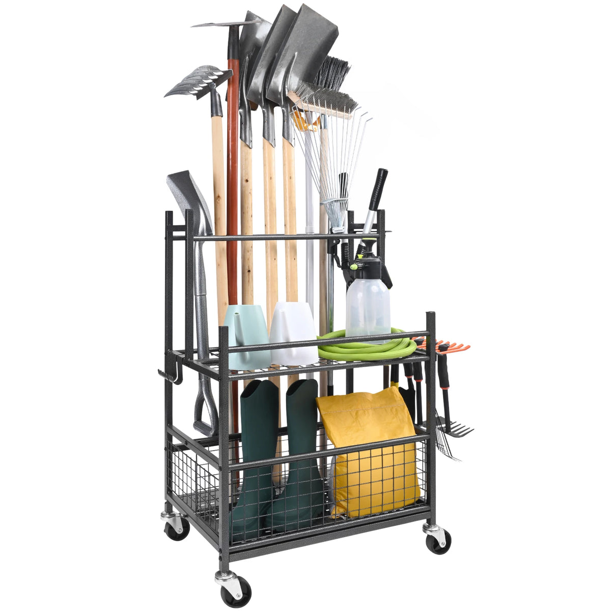 16 Slots Garden Tool Organizer Yard Tool Tower Rack with Hooks Wheels Long-Handled Rake Stand Holder for Garage Storage