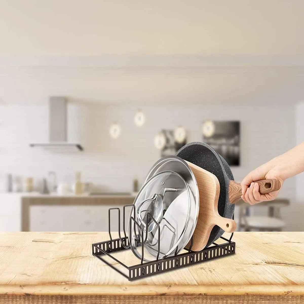 Pot Lids Organizer Rack for Cabinet and Countertop, 7+ Pan Lids and Bakeware Organizer Rack Holder with 7 Compartments