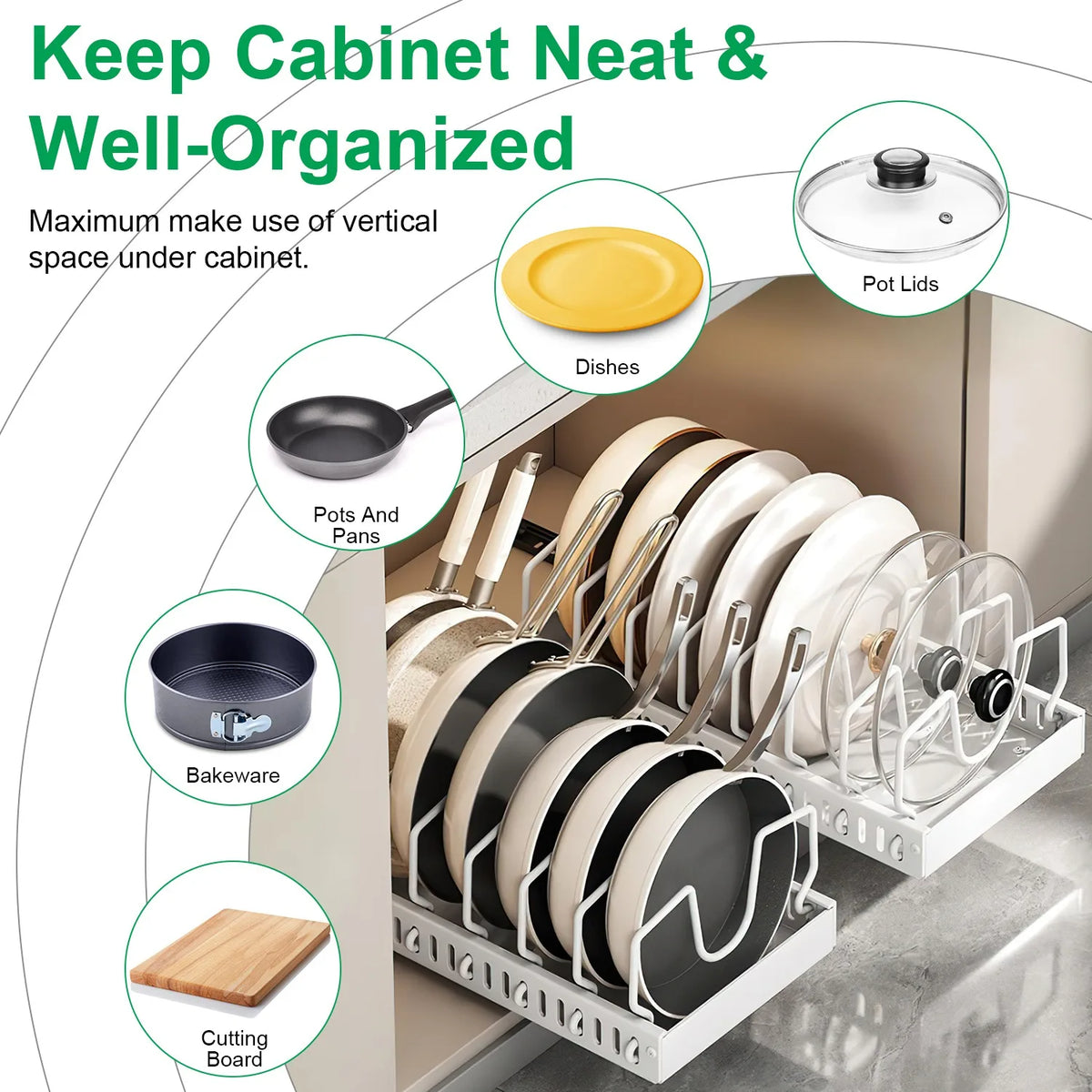 Adjustable Carbon Steel Sliding Cookware Storage Rack, Anti-Rust Pull Out Pan Lid Holder for Cutting Boards Baking Sheets Bakeware-white