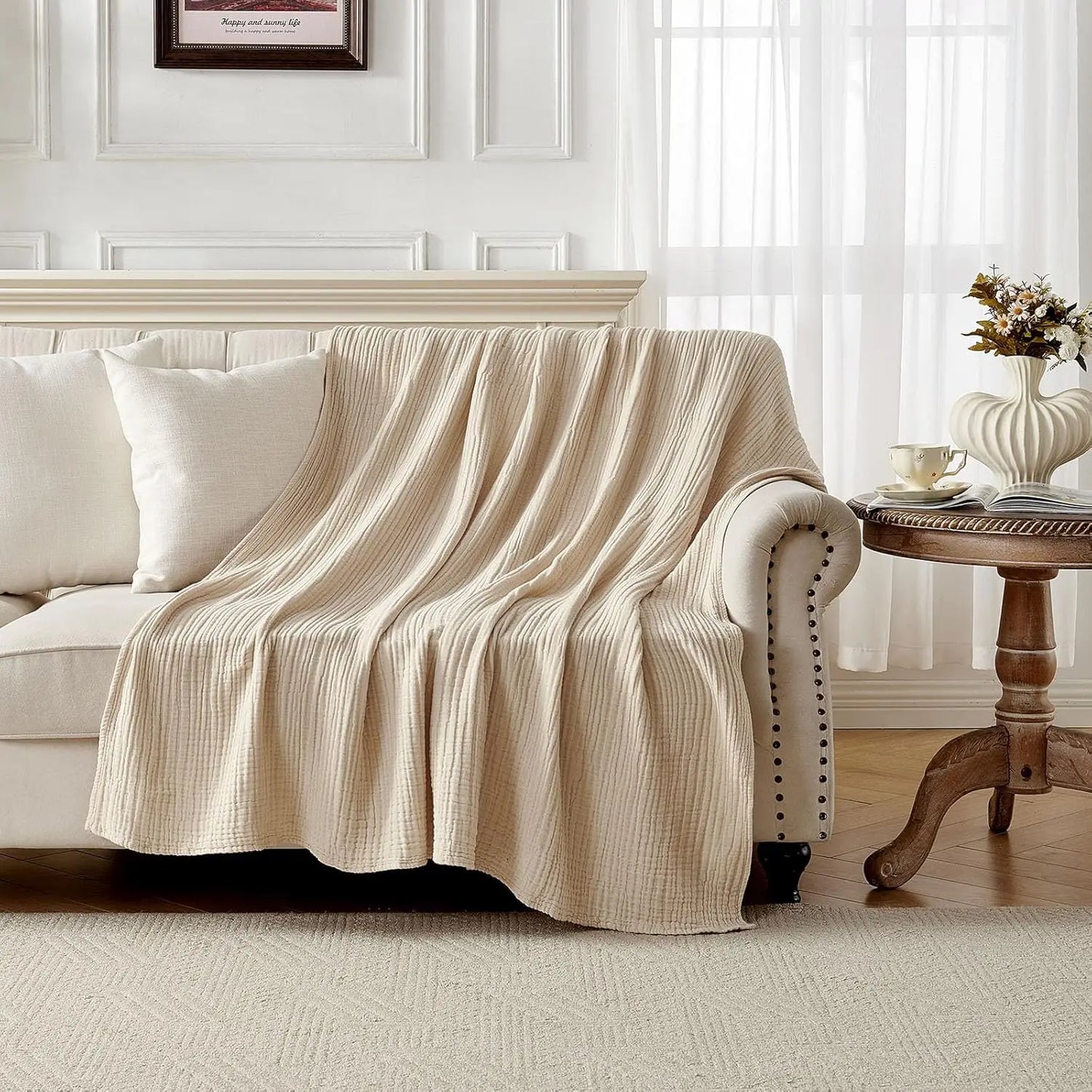 100% Cotton Muslin Throw Blanket for Couch, Bed, Sofa - Lightweight, Breathable, All-Season Luxury Gift in Light Tan