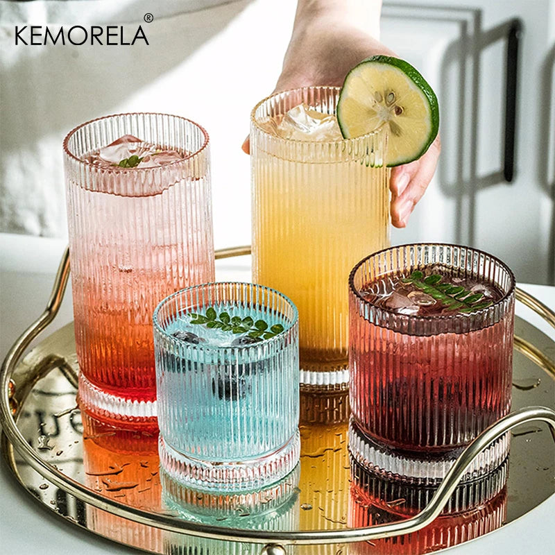 8PCS Vertical lines Glass Cup 8Oz Heat-resistant Latte Coffee Mug Cold Drinkware Water Cups  Beer Juice Cup Whiskey Wine Glass