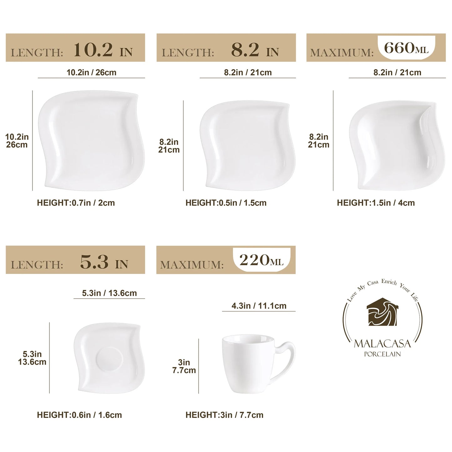 MALACASA 30/60 Piece Porcelain Dinner Set with Cups Saucers Dessert Soup Dinner Plates Tableware Service for 6/12