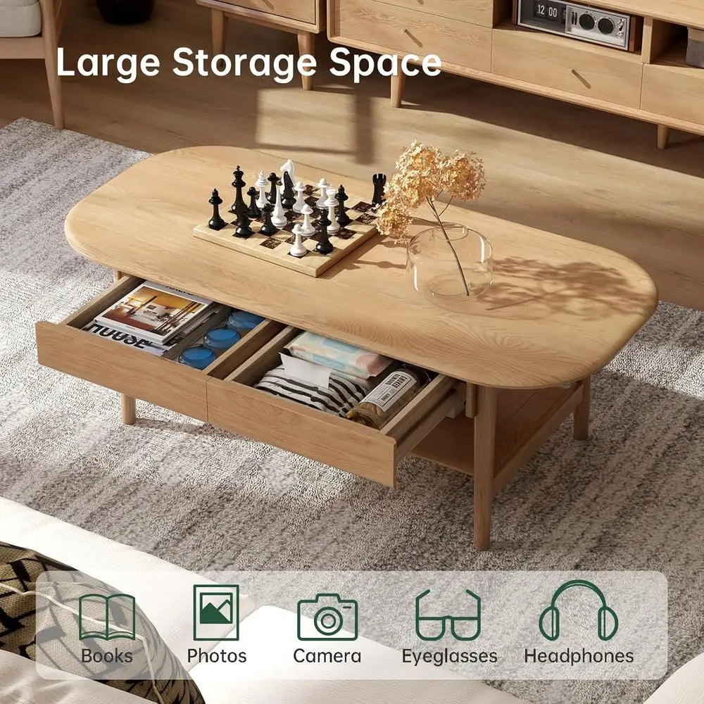 100% Solid Wood Coffee Table or Living Room, 2-Tier Living Room Table with 2 Drawers and Shelf Storage,