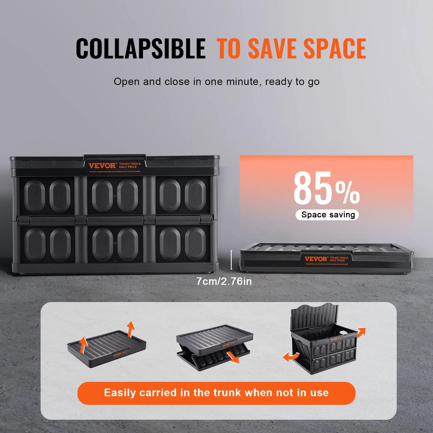 Set of 3 45L/65L Collapsible Storage Bins Folding Stackable Utility Garage Crates with Lids for Clothes Snack Grocery