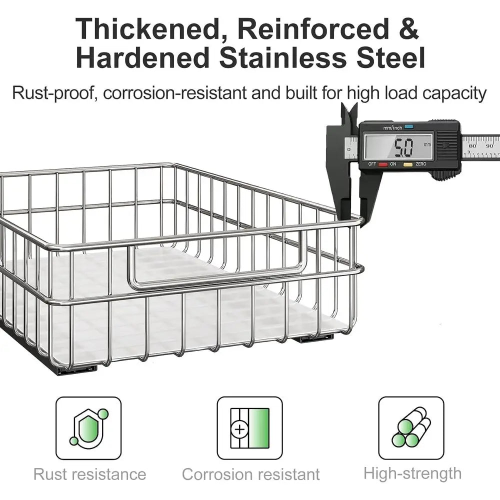 Pull out Cabinet Organizer, Stainless Steel 2-Pack Slide out Drawer with Silent Full-Extension Slides, Adhesive Roll out Can Spi