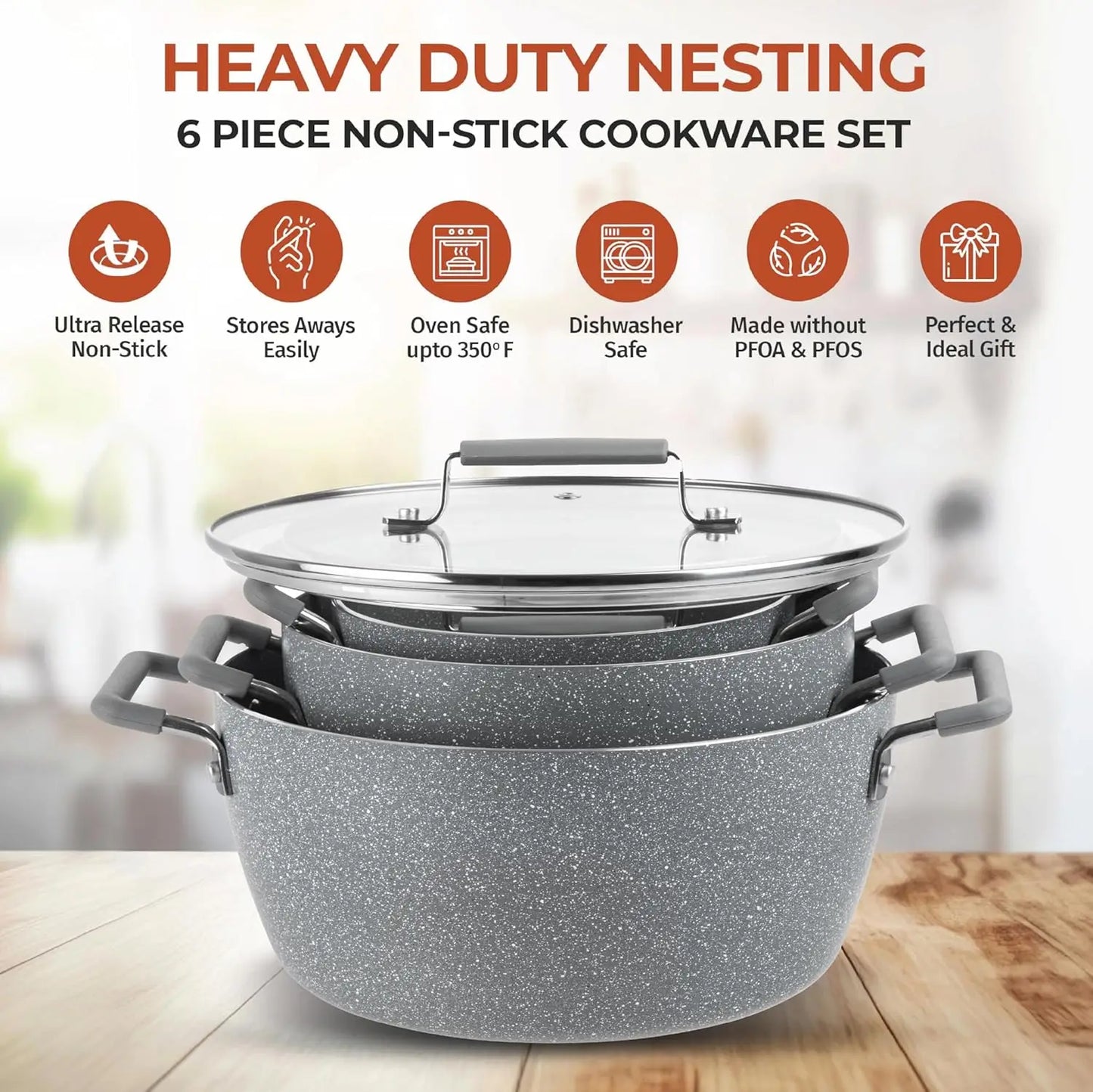 Gray Nonstick Pots and Pans Set, 6-Piece Stackable Cookware with Lids, Dishwasher Safe and Toxin Free