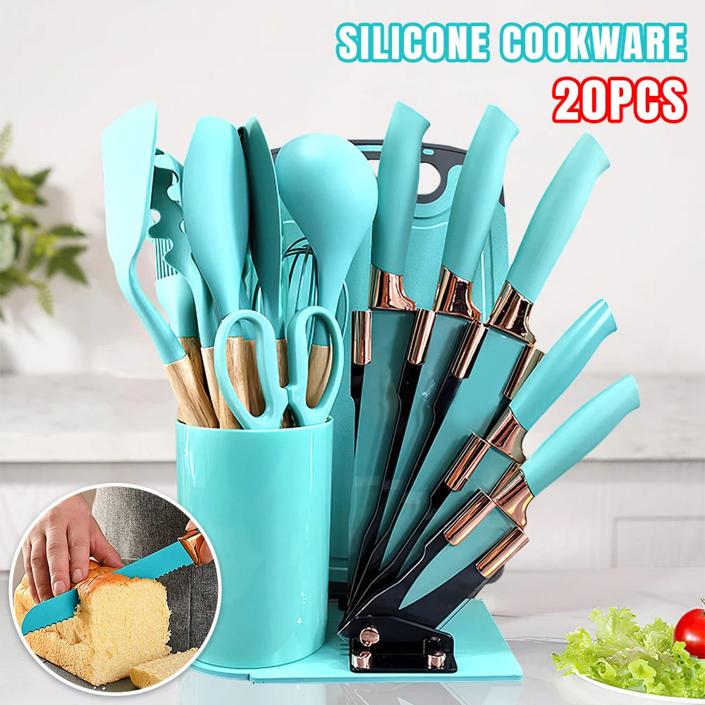 ZENG 20pcs Silicone Utensil Set Non-Stick Heat-Resistant Cooking Kitchenware Chef Knife Easy-Clean Safe for Non-Stick Cookware