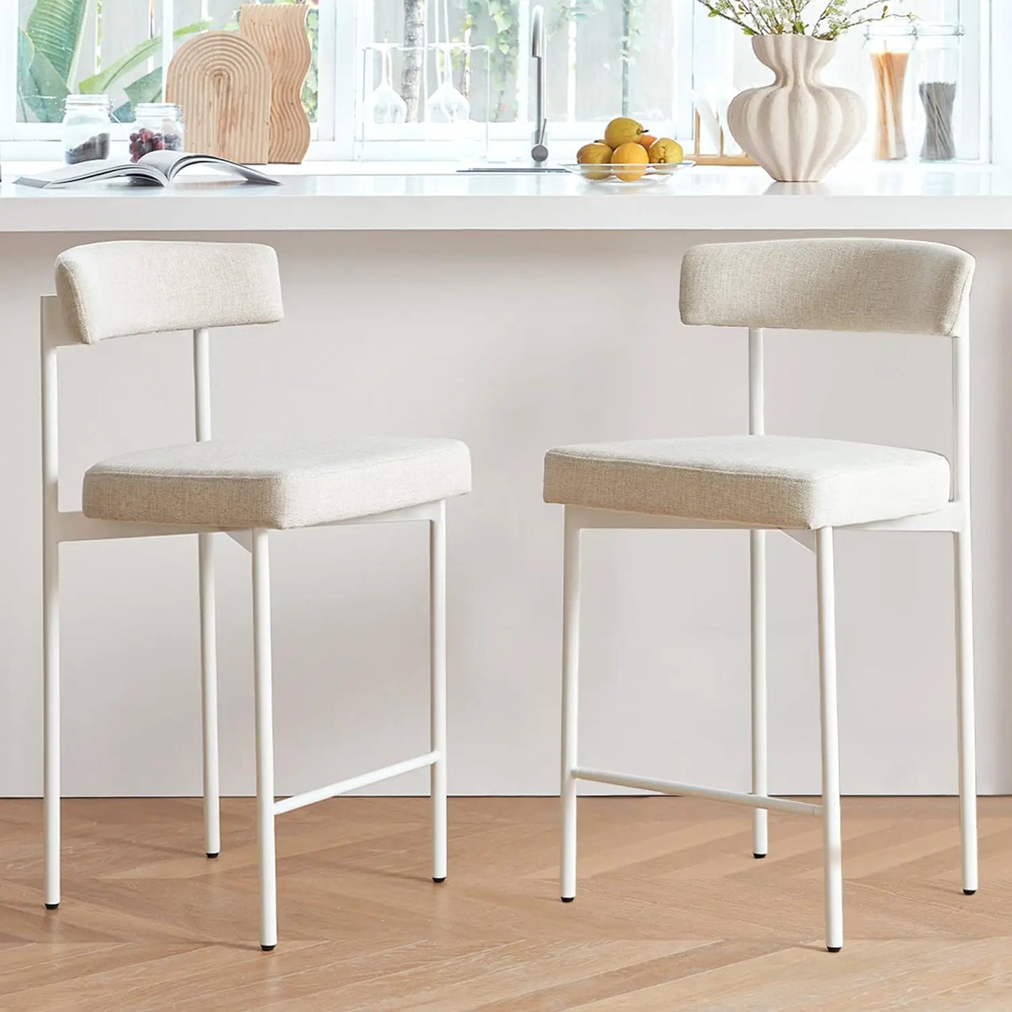 Brown Modern Bar Stools Set of 2, 24 Inch Faux Leather Counter Stools with Curved Backrest, Counter Height Bar Stool, Customized
