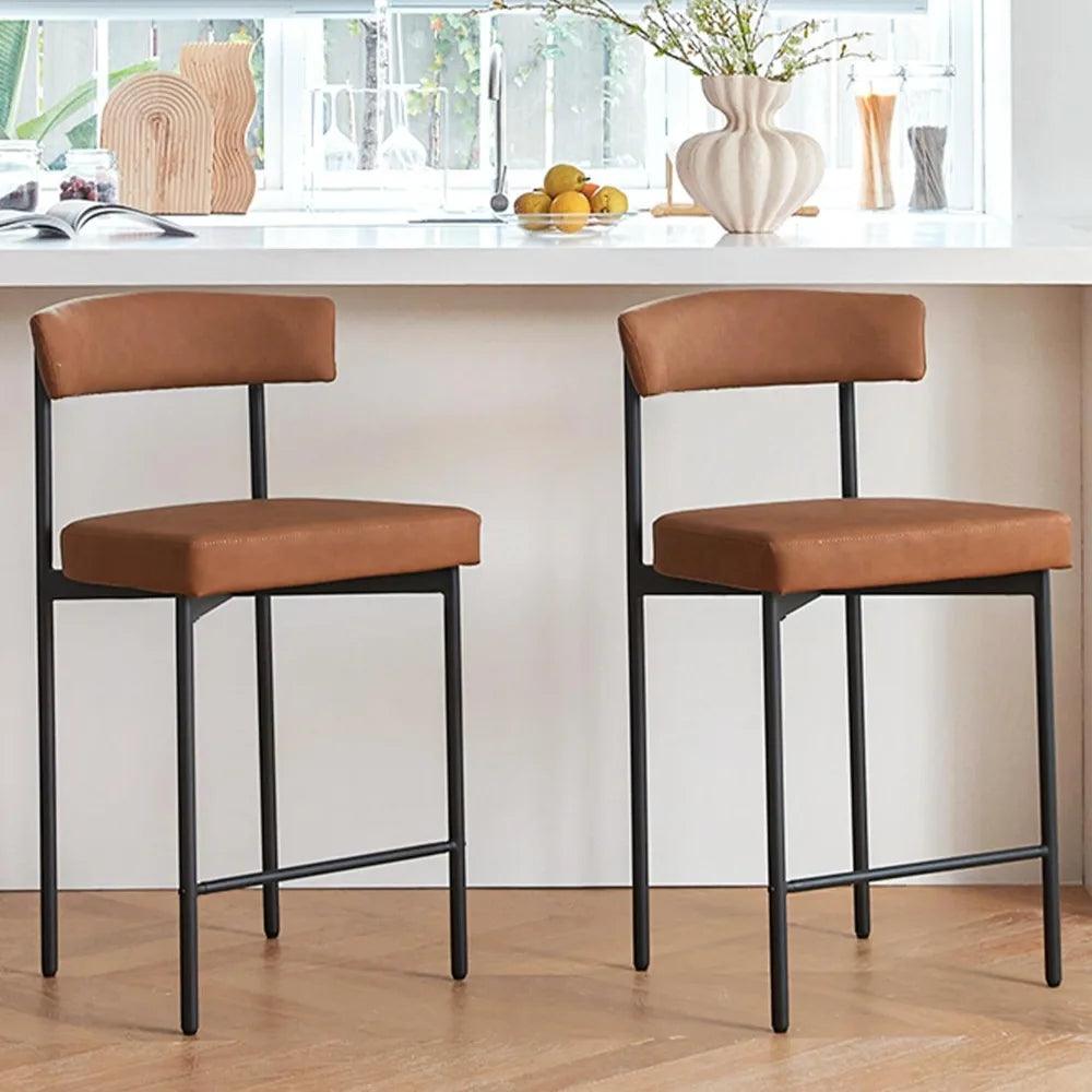 Brown Modern Bar Stools Set of 2, 24 Inch Faux Leather Counter Stools with Curved Backrest, Counter Height Bar Stool, Customized