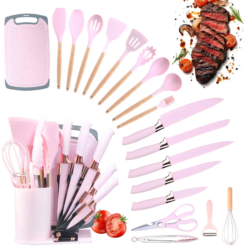 ZENG 20pcs Silicone Utensil Set Non-Stick Heat-Resistant Cooking Kitchenware Chef Knife Easy-Clean Safe for Non-Stick Cookware