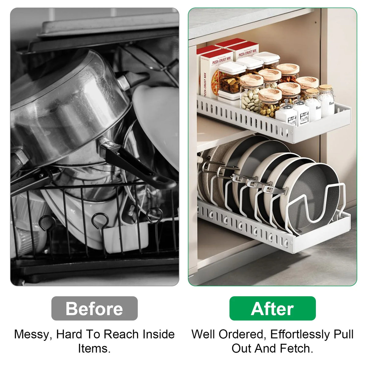 Adjustable Carbon Steel Sliding Cookware Storage Rack, Anti-Rust Pull Out Pan Lid Holder for Cutting Boards Baking Sheets Bakeware-white