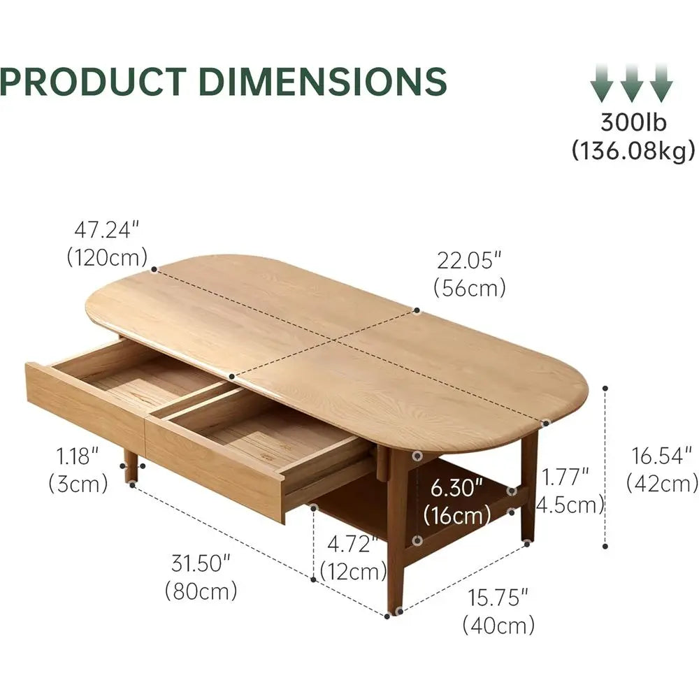100% Solid Wood Coffee Table or Living Room, 2-Tier Living Room Table with 2 Drawers and Shelf Storage,