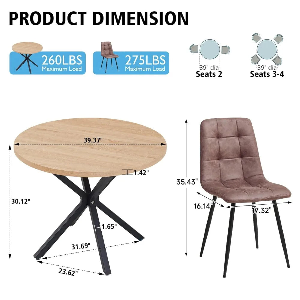 39" Round Dining Table Set for 4, Mid Century Kitchen Table with 4 Faux Leather Dining Chairs, Customized