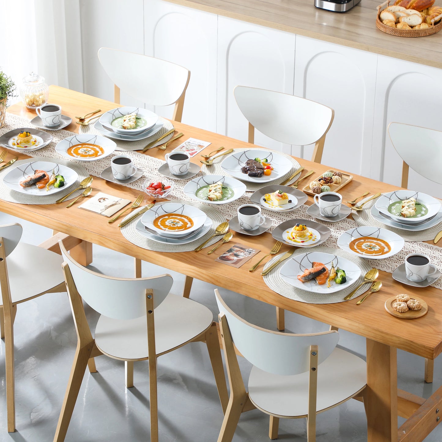 VEWEET 30-Piece Porcelain Ceramic Kitchen Dinner Plate Set with 6pcs Dessert Plates/Soup Plates/Dinner Plates/Cups/Saucers