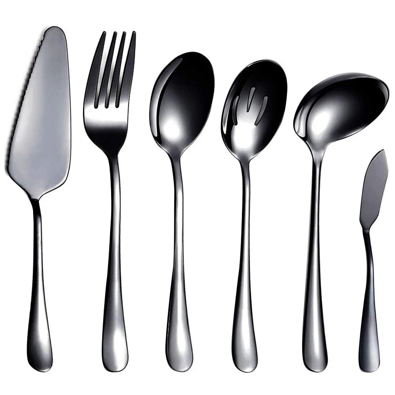 6-Piece Serving Flatware Silverware Set, Serving Utensil Set,Include Cake Server, Slotted Serving Spoon