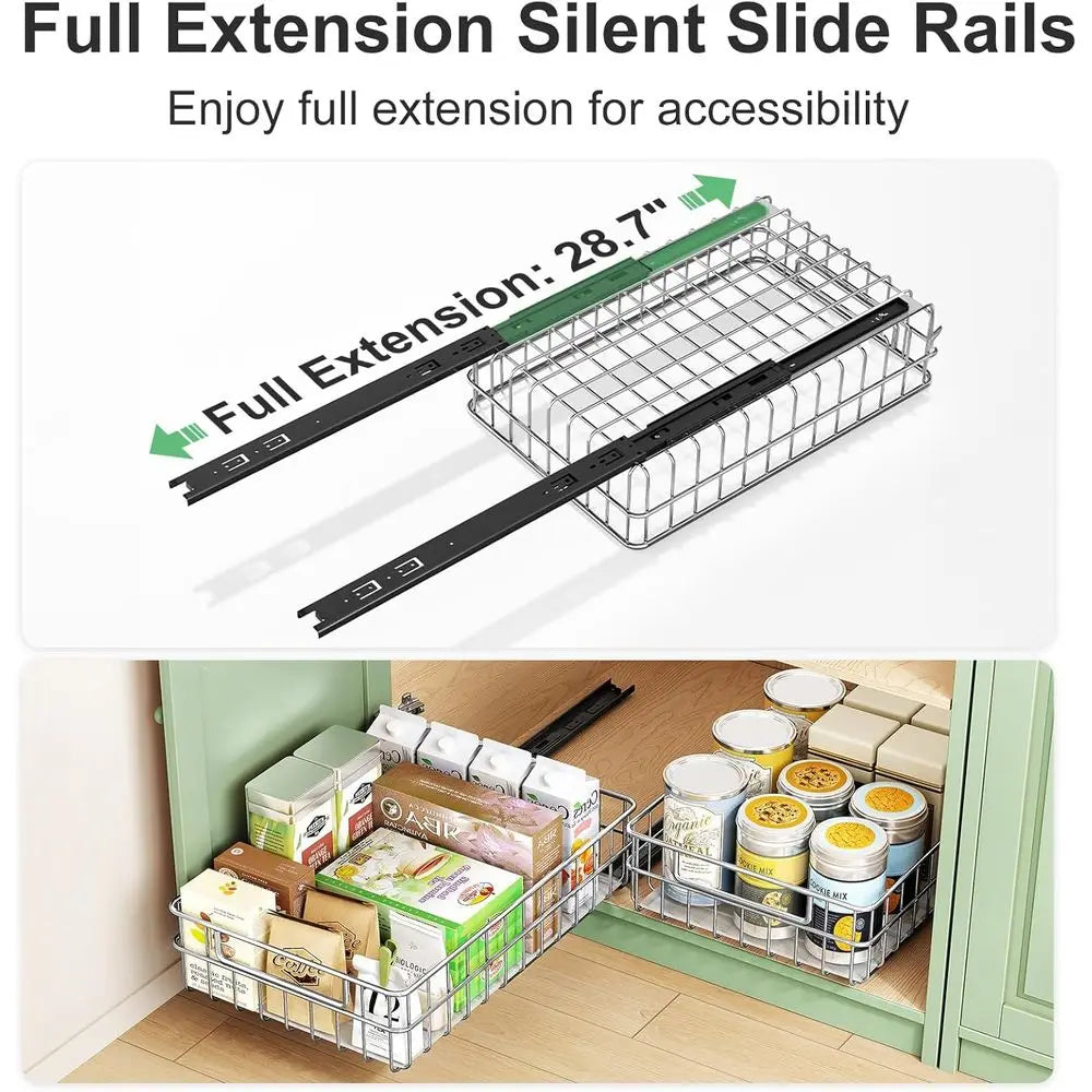 Pull out Cabinet Organizer, Stainless Steel 2-Pack Slide out Drawer with Silent Full-Extension Slides, Adhesive Roll out Can Spi