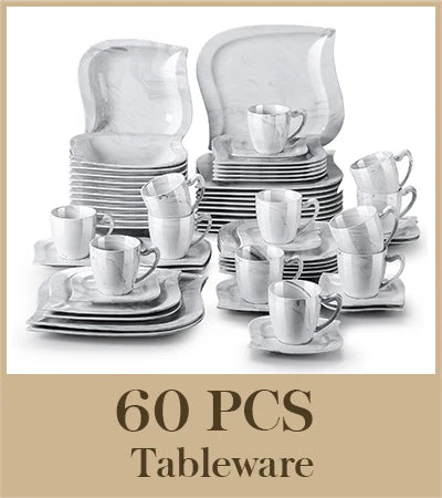 MALACASA 30/60 Piece Porcelain Dinner Set with Cups Saucers Dessert Soup Dinner Plates Tableware Service for 6/12