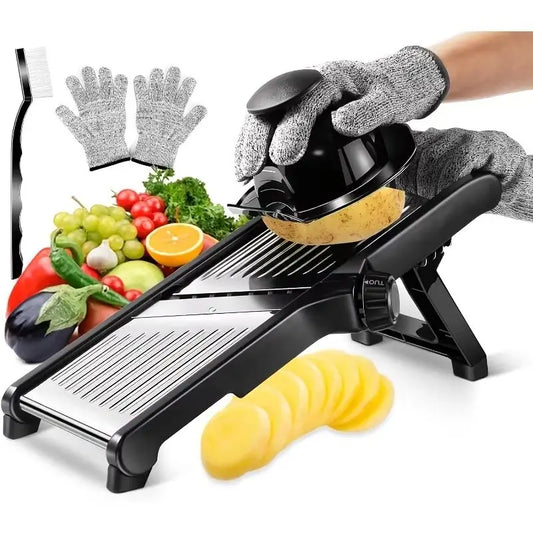 Stainless Steel Mandoline Slicer with 5 Blades & Holder - Safe Hand Guard Food Chopper for Vegetable Fruit, Easy Clean