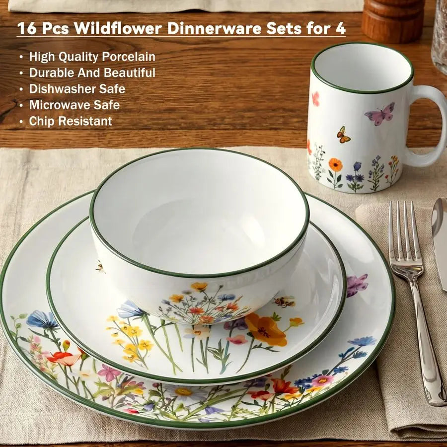 16 Pcs Wildflower Ceramic Dinnerware Set for 4 Guest Floral Dish Set Spring Butterfly Dinner Plates Salad Plates Bowl Mug