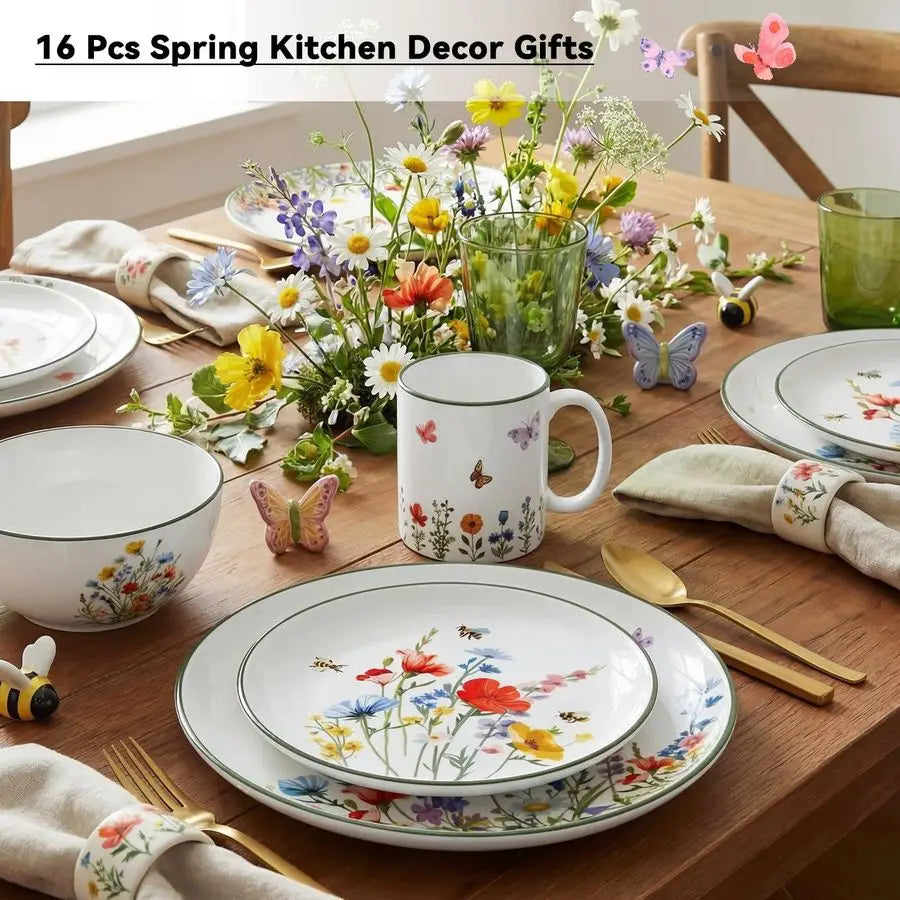 16 Pcs Wildflower Ceramic Dinnerware Set for 4 Guest Floral Dish Set Spring Butterfly Dinner Plates Salad Plates Bowl Mug