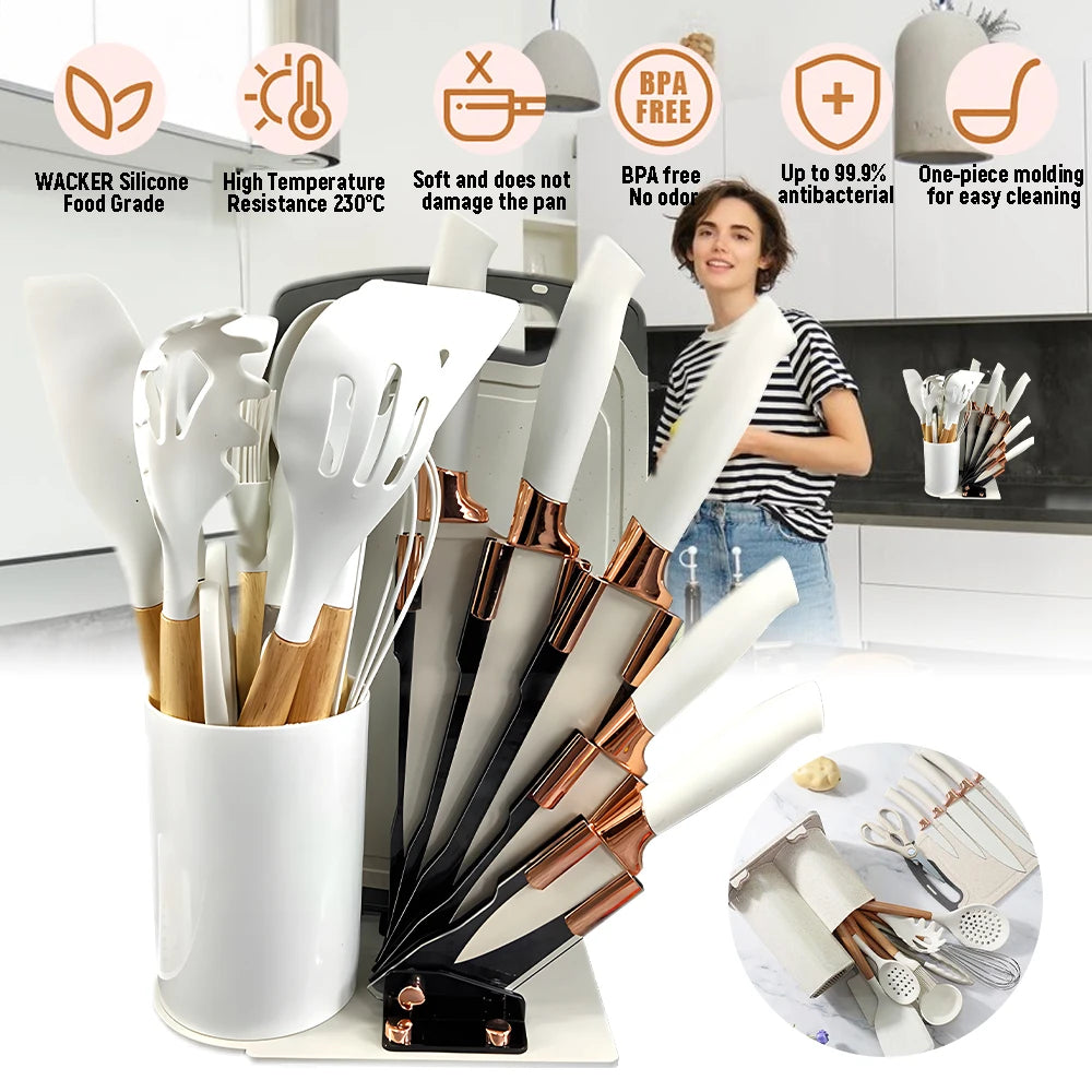 ZENG 20pcs Silicone Utensil Set Non-Stick Heat-Resistant Cooking Kitchenware Chef Knife Easy-Clean Safe for Non-Stick Cookware