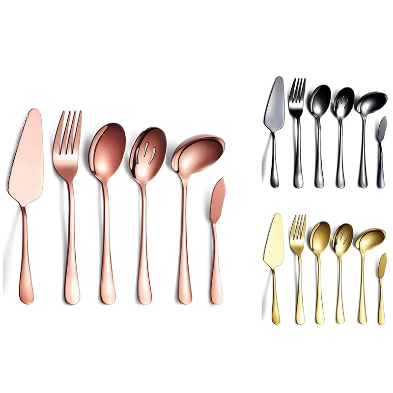6-Piece Serving Flatware Silverware Set, Serving Utensil Set,Include Cake Server, Slotted Serving Spoon