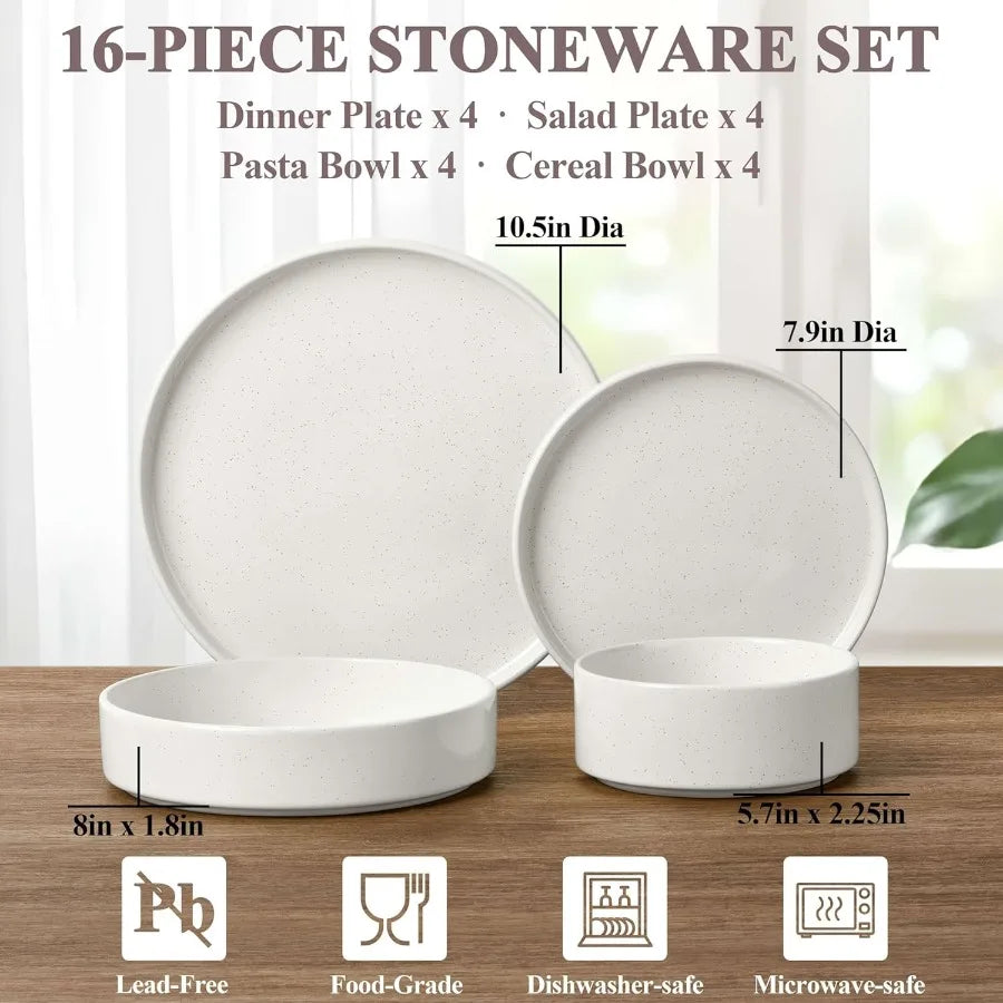 Dinnerware Sets with Pasta Bowls 16 Piece Plates and Bowls Set for 4 Stoneware Dinner Dishes for Kitchen Dining/Dishwasher
