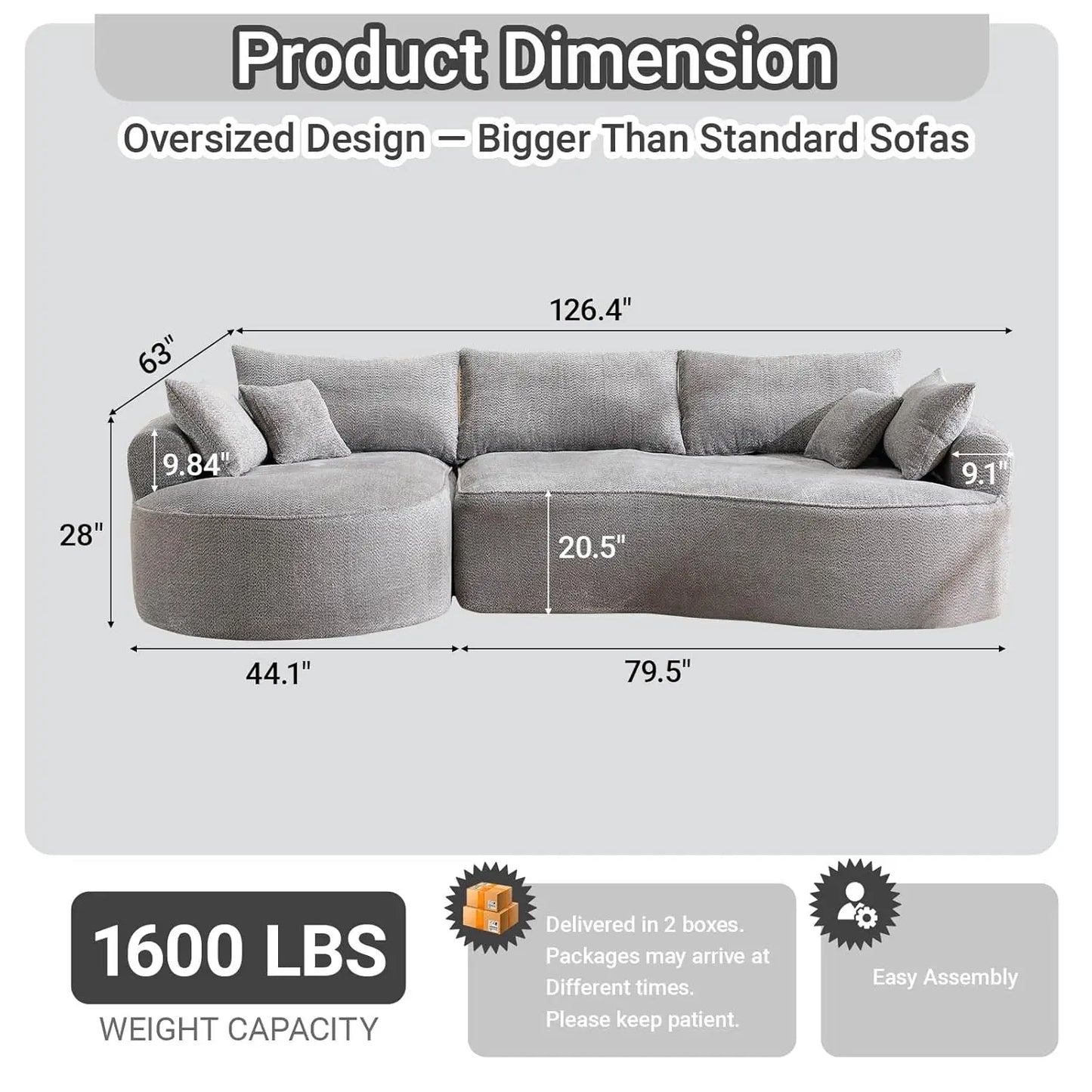 126.4" Oversized L-Shaped Boneless Sofa, Deep Seat Sectional Couch with Curved Seat Design and 7 Pillows,, Customized