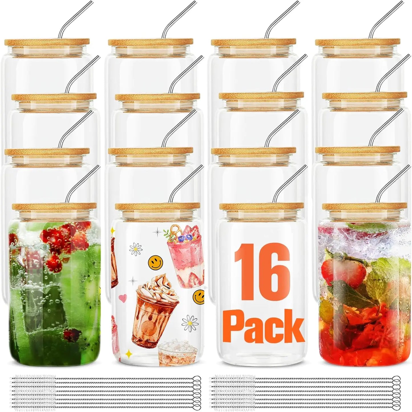16Pcs Glass Cups with Bamboo Lids & Straws, 16Oz Reusable Tumblers for Coffee, Tea, Juice - Ideal Gift Set