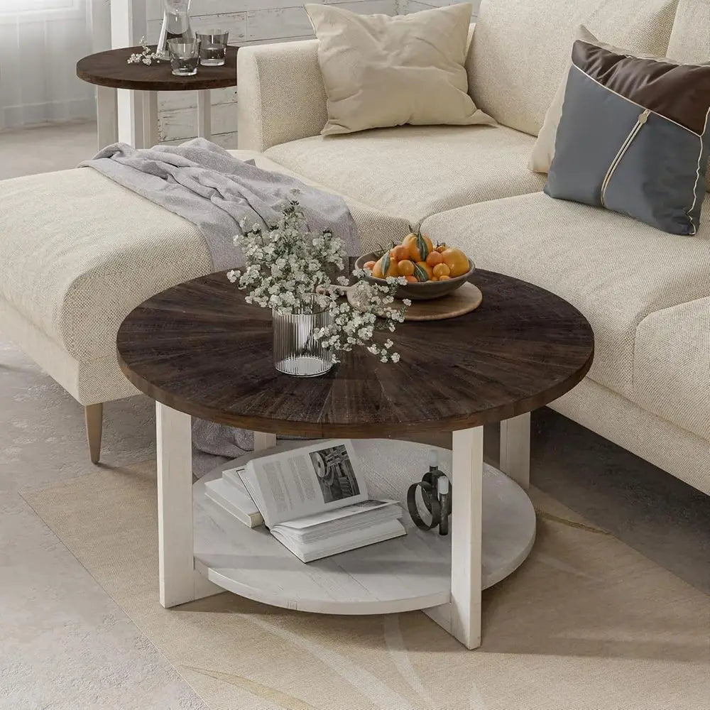 Rustic farmhouse Coffee Table with Distressed Wood Top, Large Circle Table, Brown,