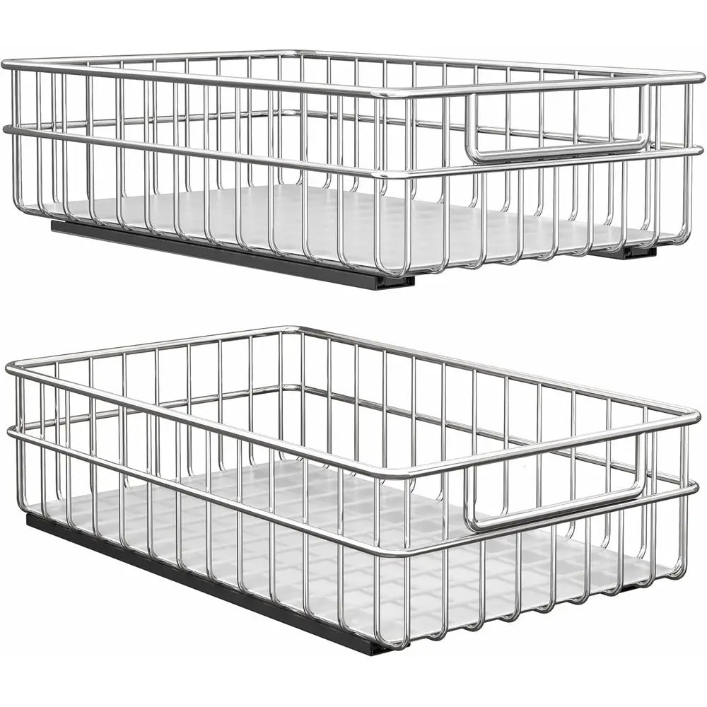Pull out Cabinet Organizer, Stainless Steel 2-Pack Slide out Drawer with Silent Full-Extension Slides, Adhesive Roll out Can Spi