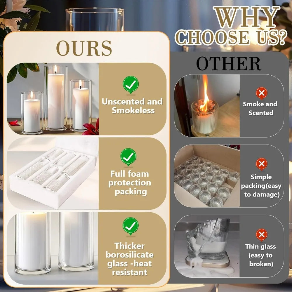 36 PCS Ivory White Pillar Candles with Glass Candle Holders Clear Hurricane Candle Holders Glass Cylinder Vases for Centerpieces