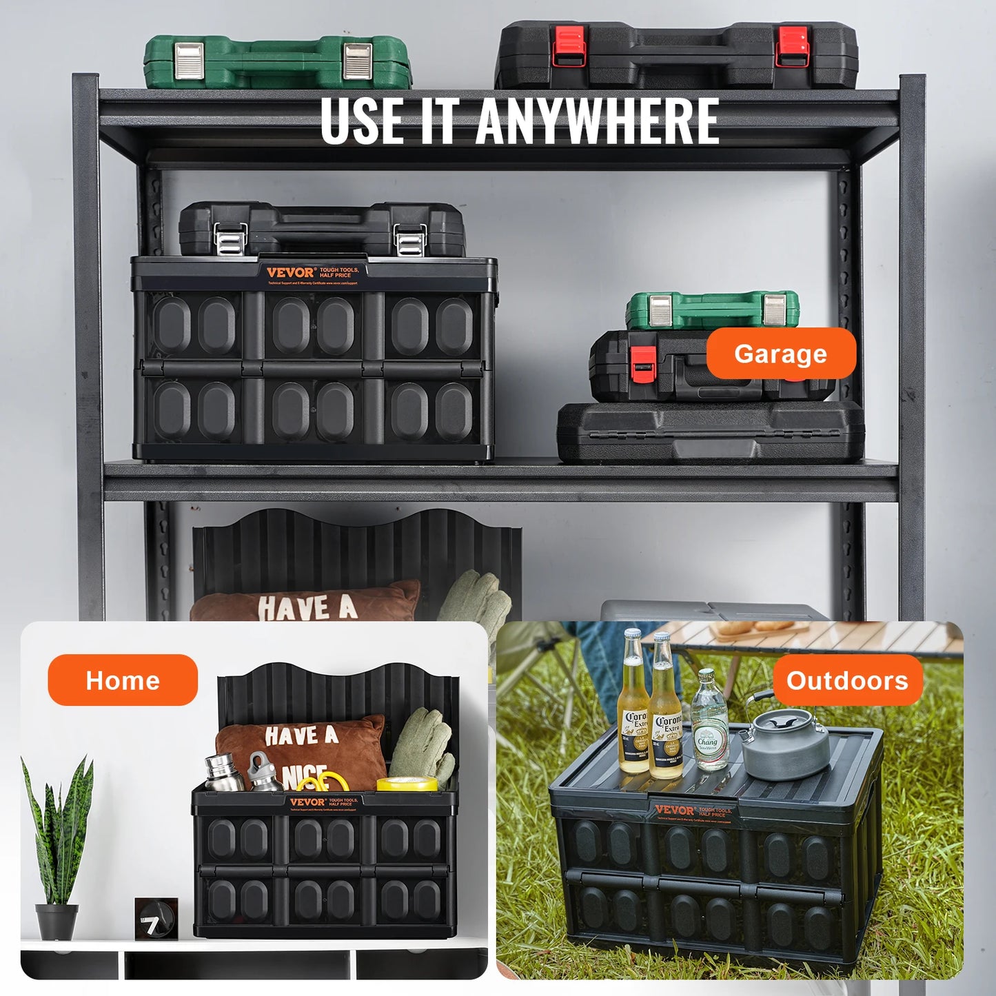 Set of 3 45L/65L Collapsible Storage Bins Folding Stackable Utility Garage Crates with Lids for Clothes Snack Grocery