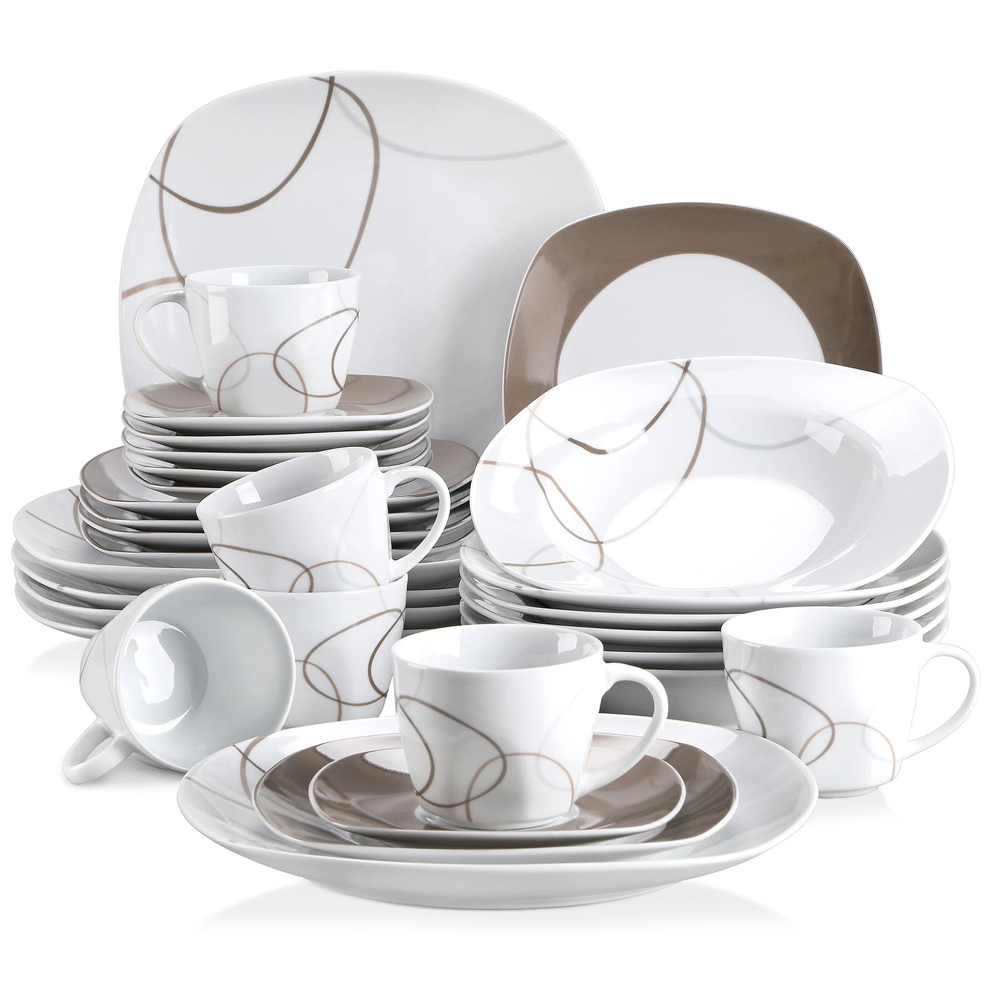 30-Piece Porcelain Ceramic Kitchen Dinner Plate Set with 6pcs Dessert Plates/Soup Plates/Dinner Plates/Cups/Saucers