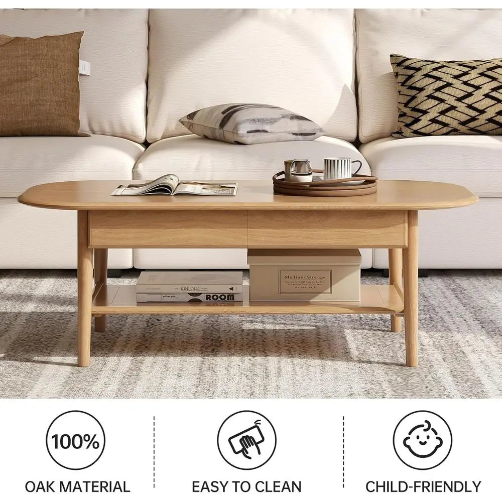 100% Solid Wood Coffee Table or Living Room, 2-Tier Living Room Table with 2 Drawers and Shelf Storage,