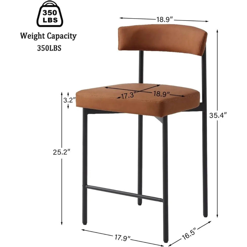 Brown Modern Bar Stools Set of 2, 24 Inch Faux Leather Counter Stools with Curved Backrest, Counter Height Bar Stool, Customized