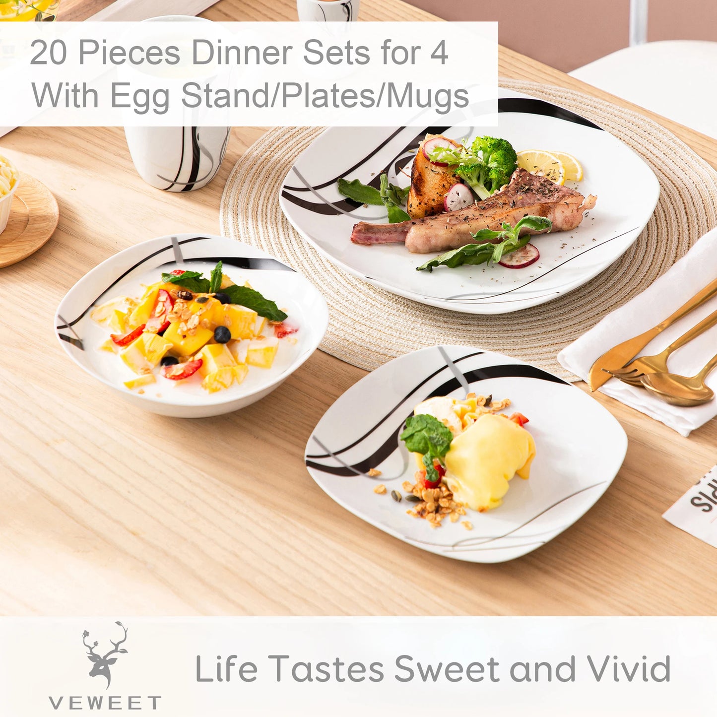 VEWEET FIONA 20/40 Piece Black Stripe Porcelain Dinner Kitchen Plate Combi-Set with Egg Cup/Mug/Bowl/Dessert Plate/Dinner Plate