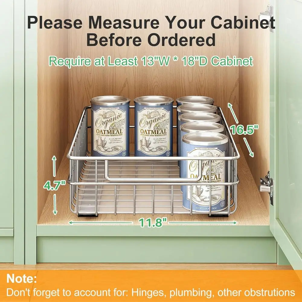 Pull out Cabinet Organizer, Stainless Steel 2-Pack Slide out Drawer with Silent Full-Extension Slides, Adhesive Roll out Can Spi