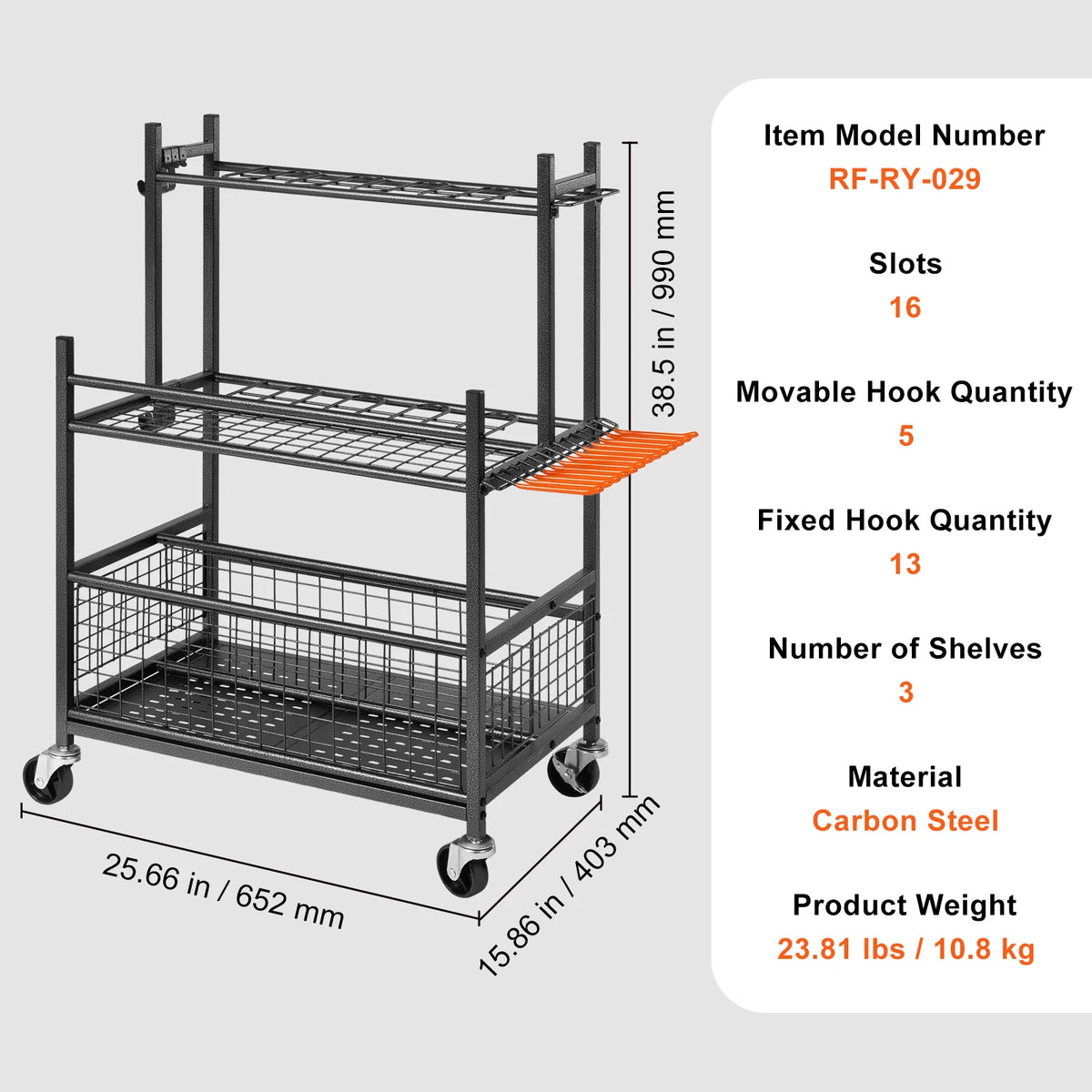 16 Slots Garden Tool Organizer Yard Tool Tower Rack with Hooks Wheels Long-Handled Rake Stand Holder for Garage Storage