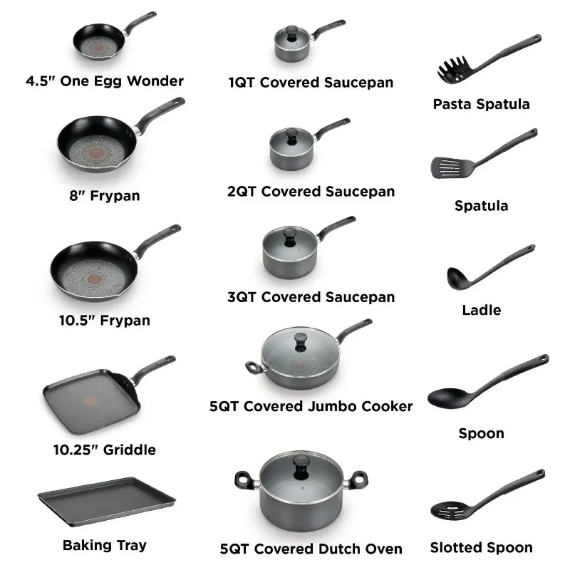 T-fal Easy Care, 20 Piece Non-Stick Pots and Pans Cookware Set,