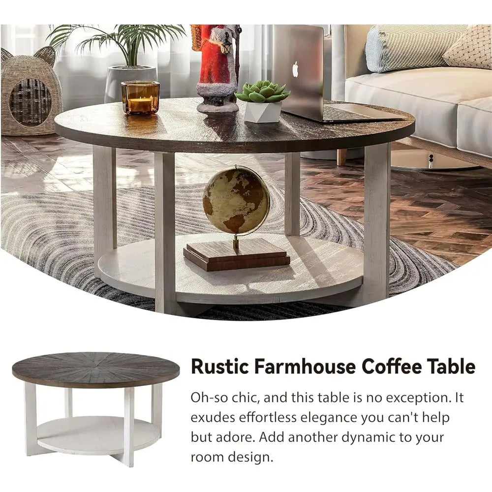 Rustic farmhouse Coffee Table with Distressed Wood Top, Large Circle Table, Brown,