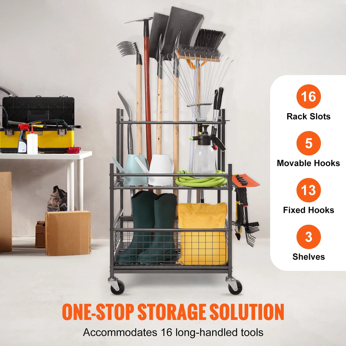 16 Slots Garden Tool Organizer Yard Tool Tower Rack with Hooks Wheels Long-Handled Rake Stand Holder for Garage Storage