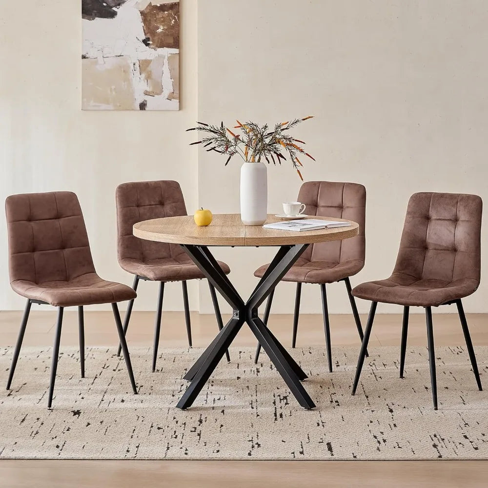 39" Round Dining Table Set for 4, Mid Century Kitchen Table with 4 Faux Leather Dining Chairs, Customized