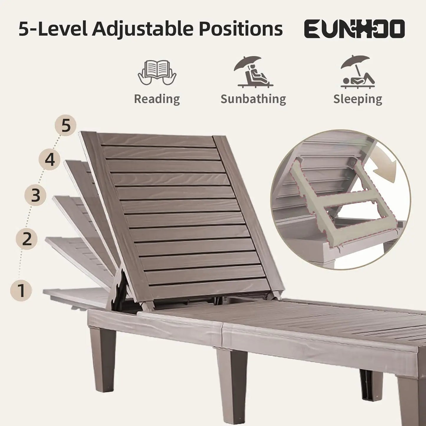 Outdoor Chaise Lounge Set of 2, Adjustable Pool Lounge Chair with 5 Positions Backrest, Waterproof Sun Loungers for, Customized