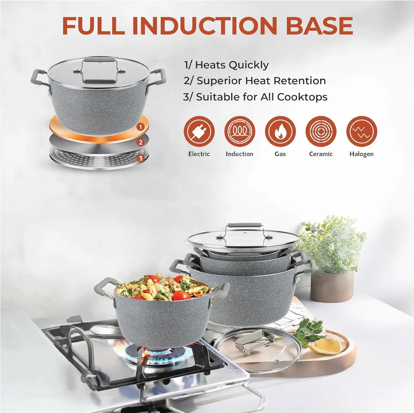 Gray Nonstick Pots and Pans Set, 6-Piece Stackable Cookware with Lids, Dishwasher Safe and Toxin Free