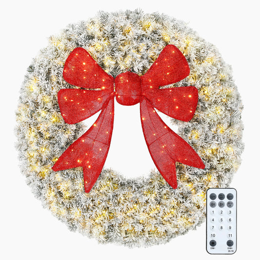 60in Pre-Lit Artificial Christmas Wreath, Front Door Flocked Christmas Wreath with 3D Red Bow, 300 LED Lights, 11 Lighting Modes, Remote, 996 Tips, Holiday Decor for Indoor Outdoor